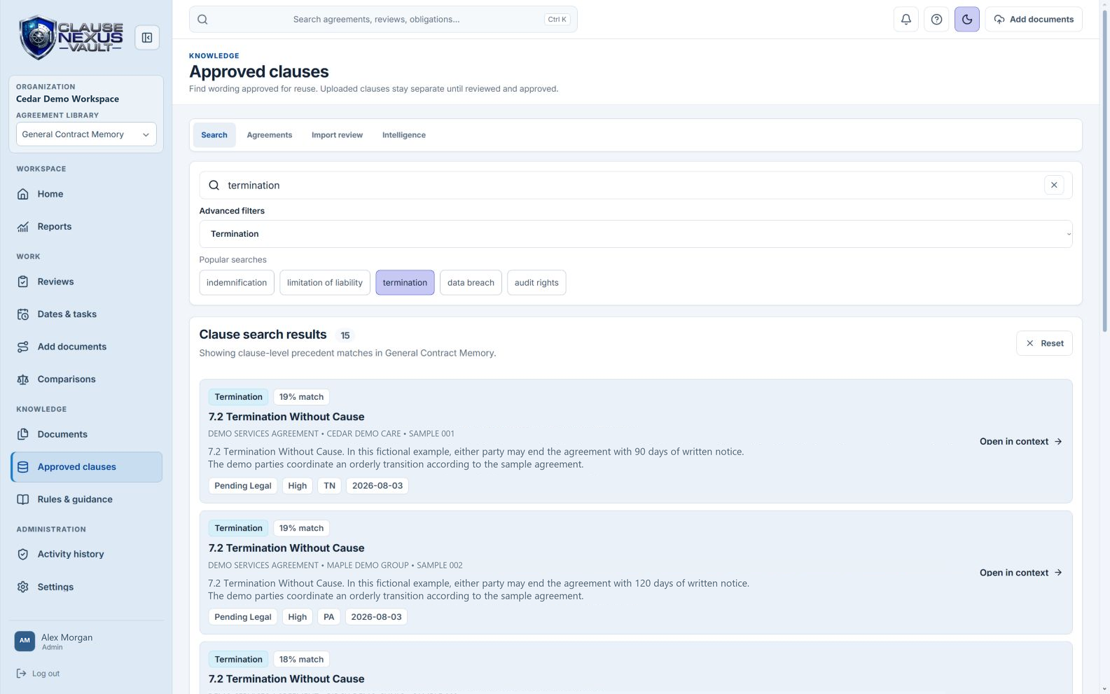 Approved clauses with fictional account and agreement details